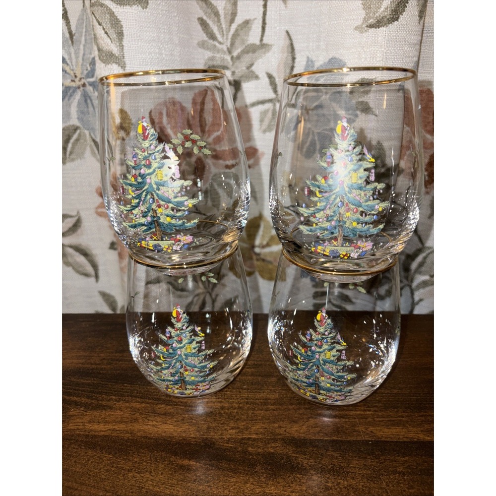 8 Spode Christmas Tree Stemless Wine/Cocktail Glass Holiday Gold Trim - Picture 3 of 5